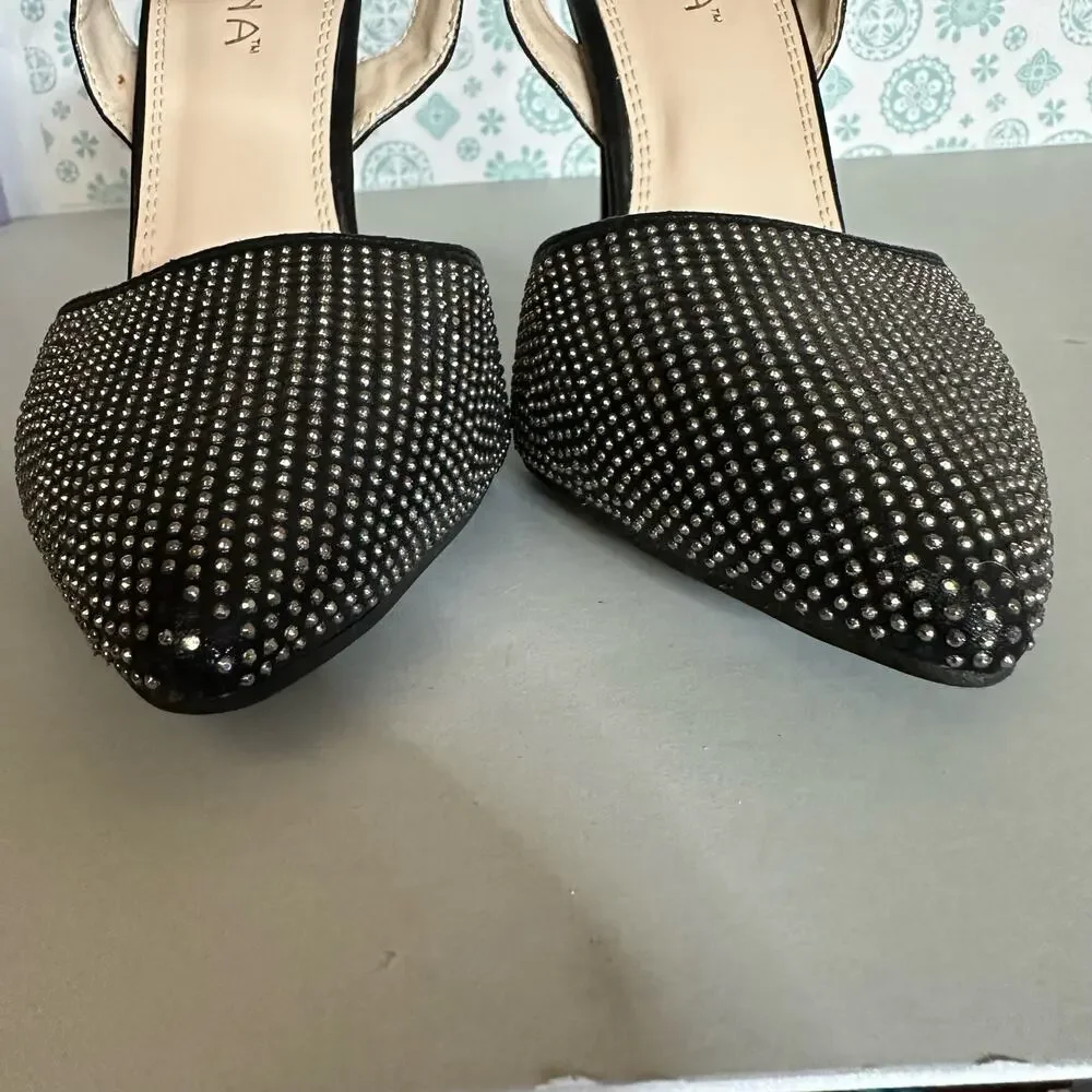 Liliana Womens Size‎ 10 Heels Pumps Stiletto Black Rhinestones Ankle Strap - Picture 9 of 13
